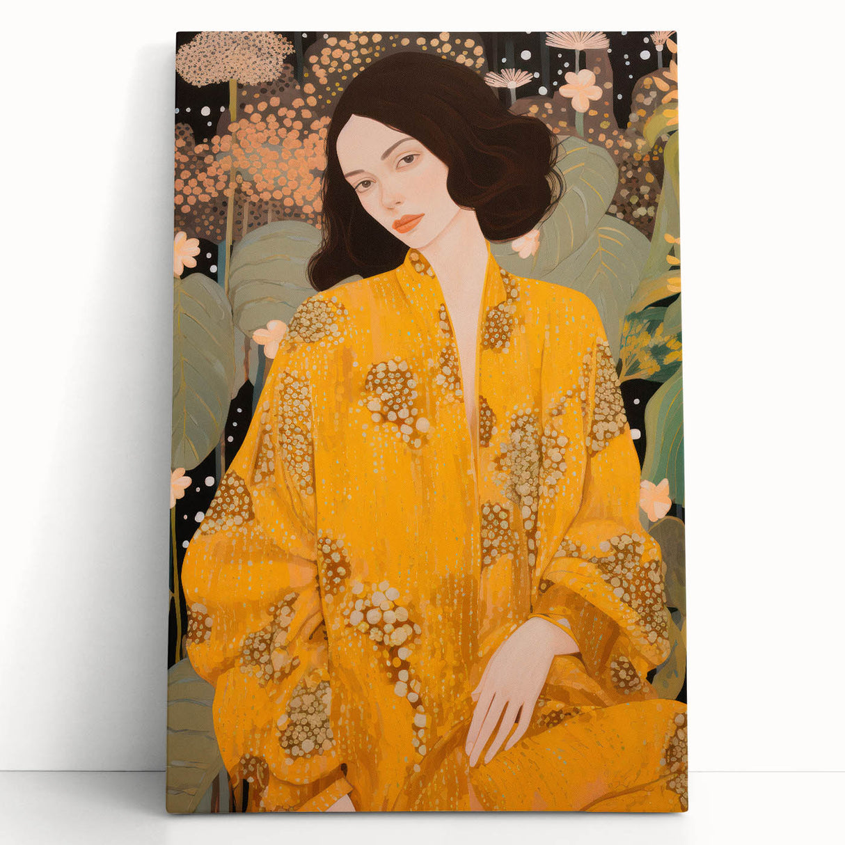 Maximalist Wall Art – Elegant Portrait with Bold Yellow and Floral Motifs
