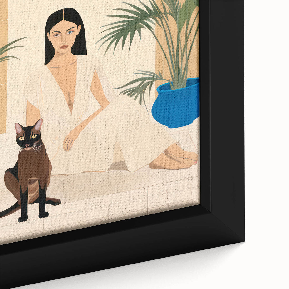 Maximalist Wall Art – Elegant Portrait with Cat and Tropical Accents