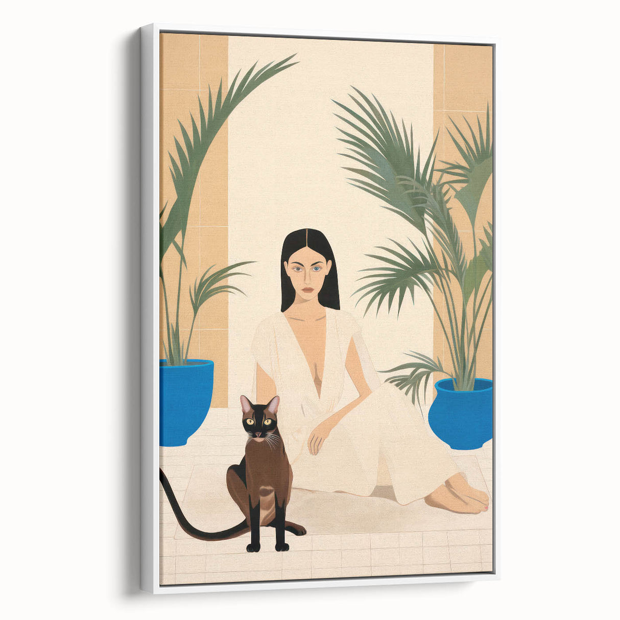Maximalist Wall Art – Elegant Portrait with Cat and Tropical Accents