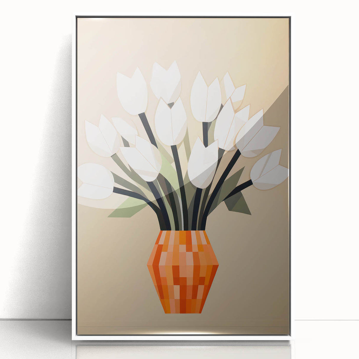 Maximalist Wall Art – Bold Geometric Floral Vase with White Tulips