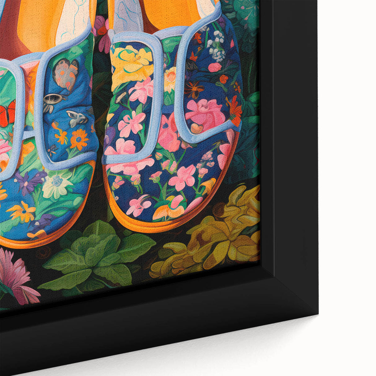 Maximalist Wall Art – Bold Floral Shoes with Vibrant Botanical Background