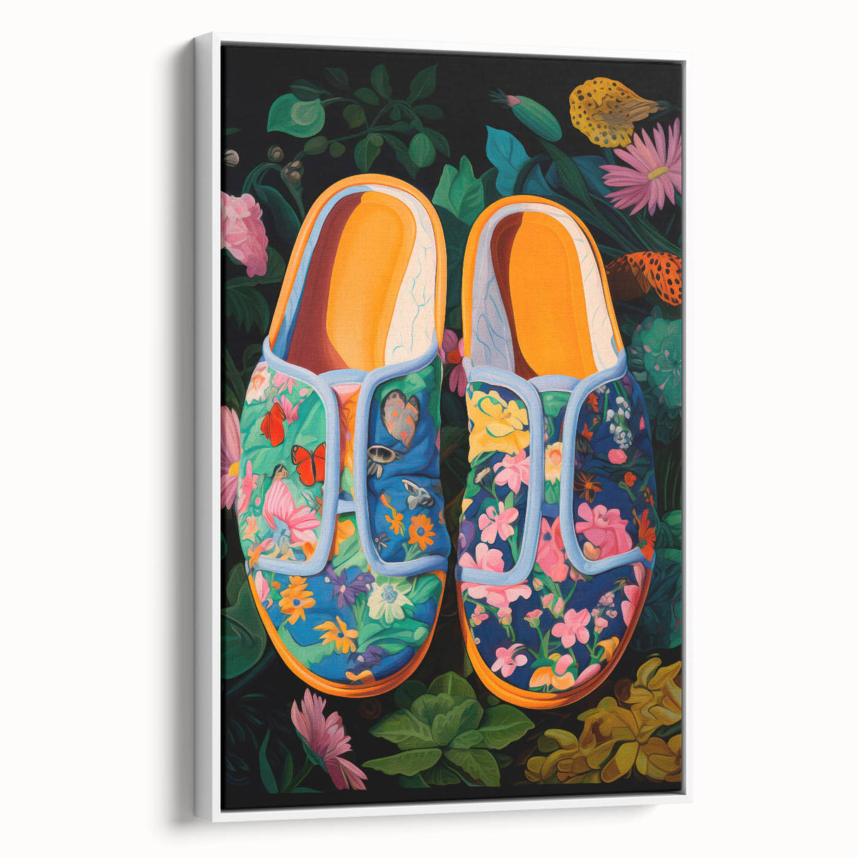 Maximalist Wall Art – Bold Floral Shoes with Vibrant Botanical Background