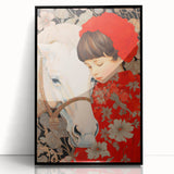 Maximalist Wall Art – Heartfelt Portrait of Child and Horse in Floral Red