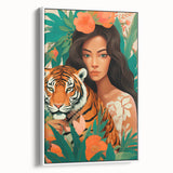 Maximalist Wall Art – Bold Portrait of Woman and Tiger with Floral Accents