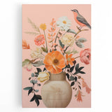 Maximalist Wall Art – Elegant Floral Arrangement with Bird on Peach Background