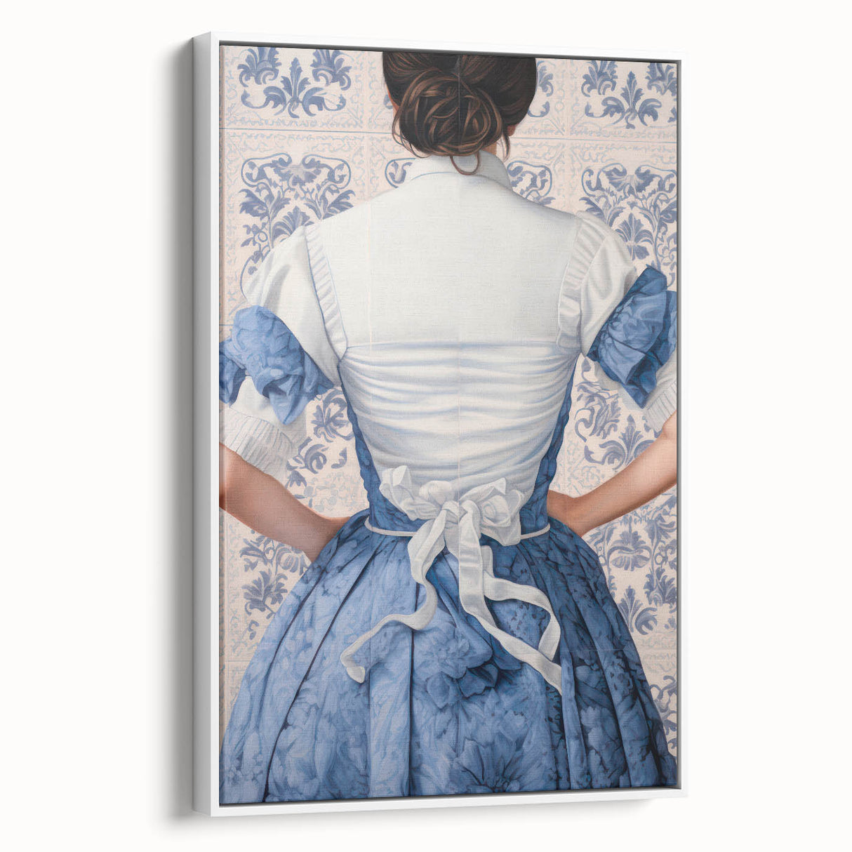 Maximalist Wall Art – Elegant Back View of Woman in Blue Floral Dress