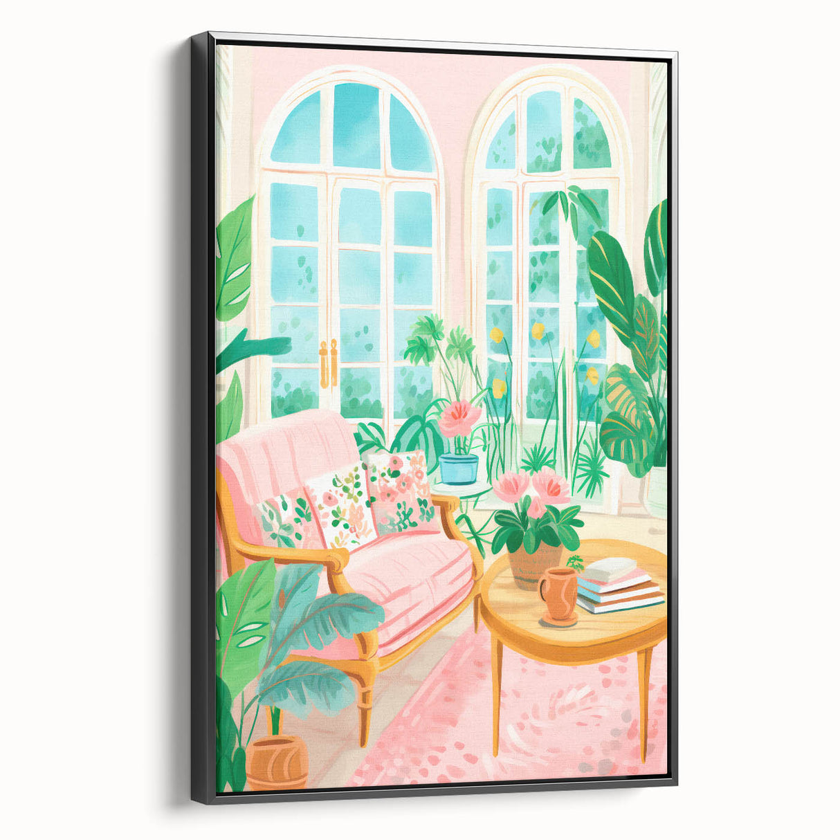Maximalist Wall Art: Cozy Indoor Scene with Plants and Pink Accents – Eclectic Decor