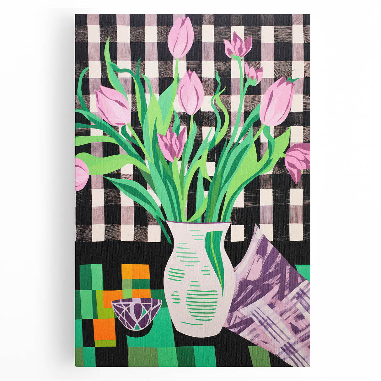 Maximalist Wall Art: Bold Tulips with Checkered Background – Eclectic Decor