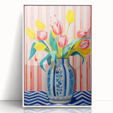Maximalist Floral Wall Art with Vibrant Tulips in Blue and White Vase