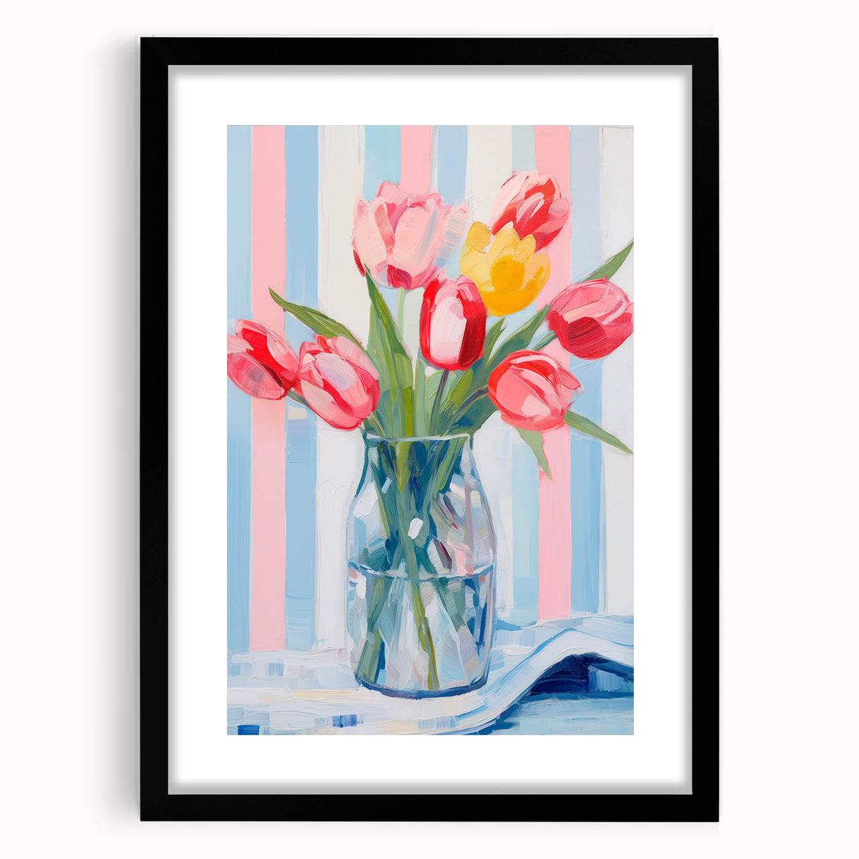 Maximalist Floral Wall Art with Vibrant Tulips and Colorful Striped Design