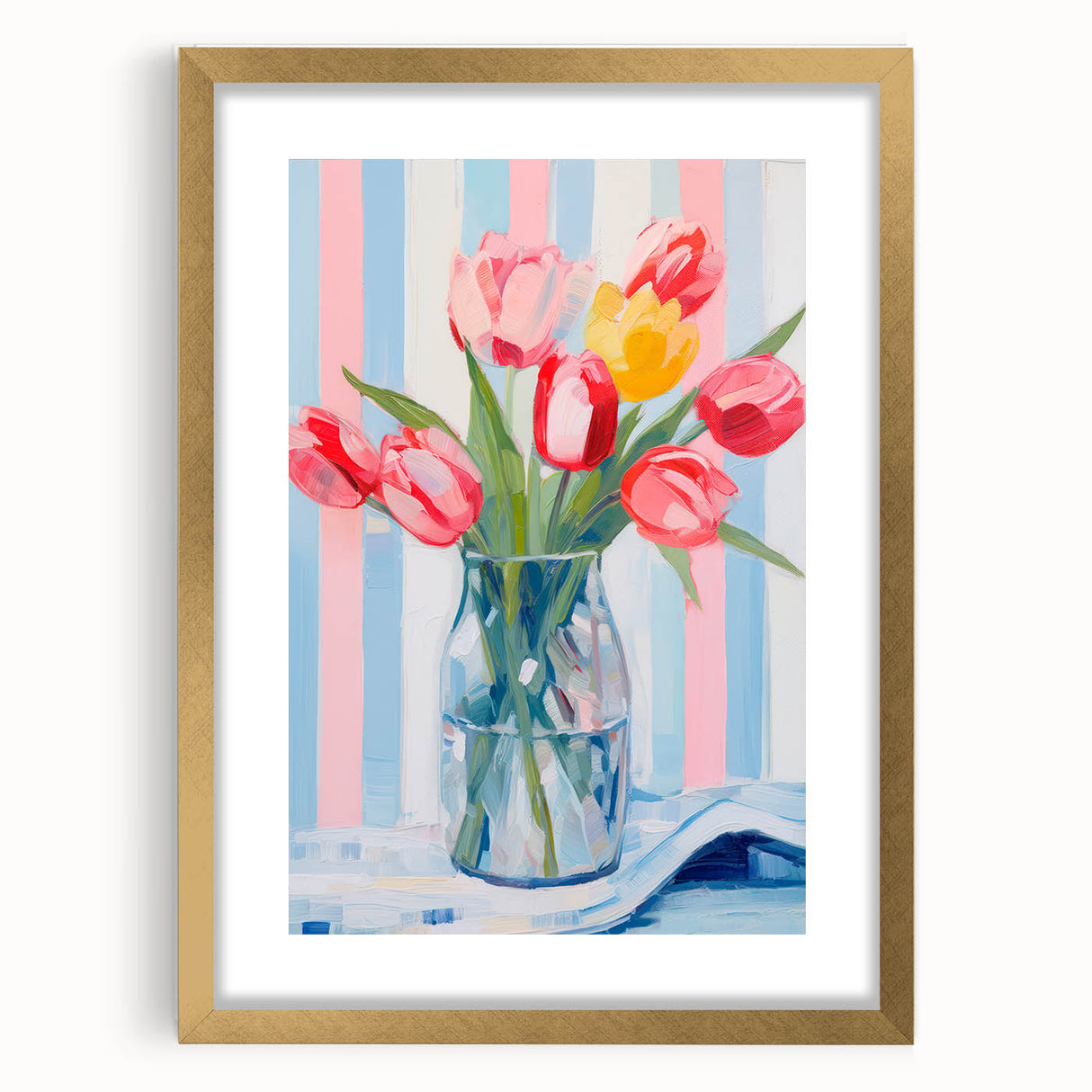 Maximalist Floral Wall Art with Vibrant Tulips and Colorful Striped Design
