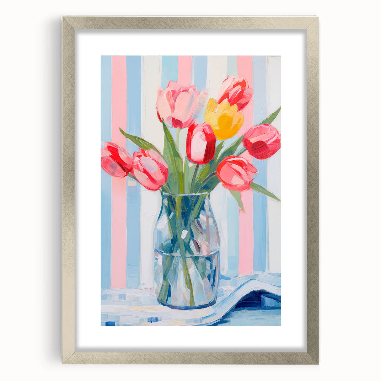 Maximalist Floral Wall Art with Vibrant Tulips and Colorful Striped Design