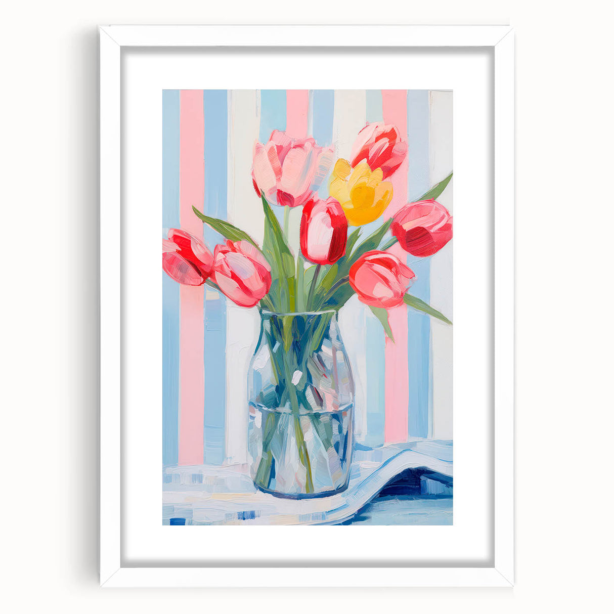 Maximalist Floral Wall Art with Vibrant Tulips and Colorful Striped Design