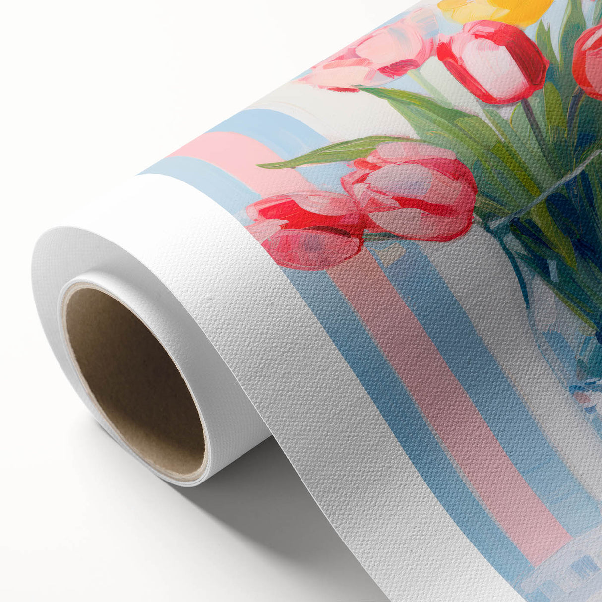 Maximalist Floral Wall Art with Vibrant Tulips and Colorful Striped Design
