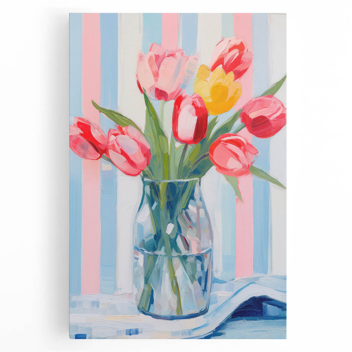 Maximalist Floral Wall Art with Vibrant Tulips and Colorful Striped Design