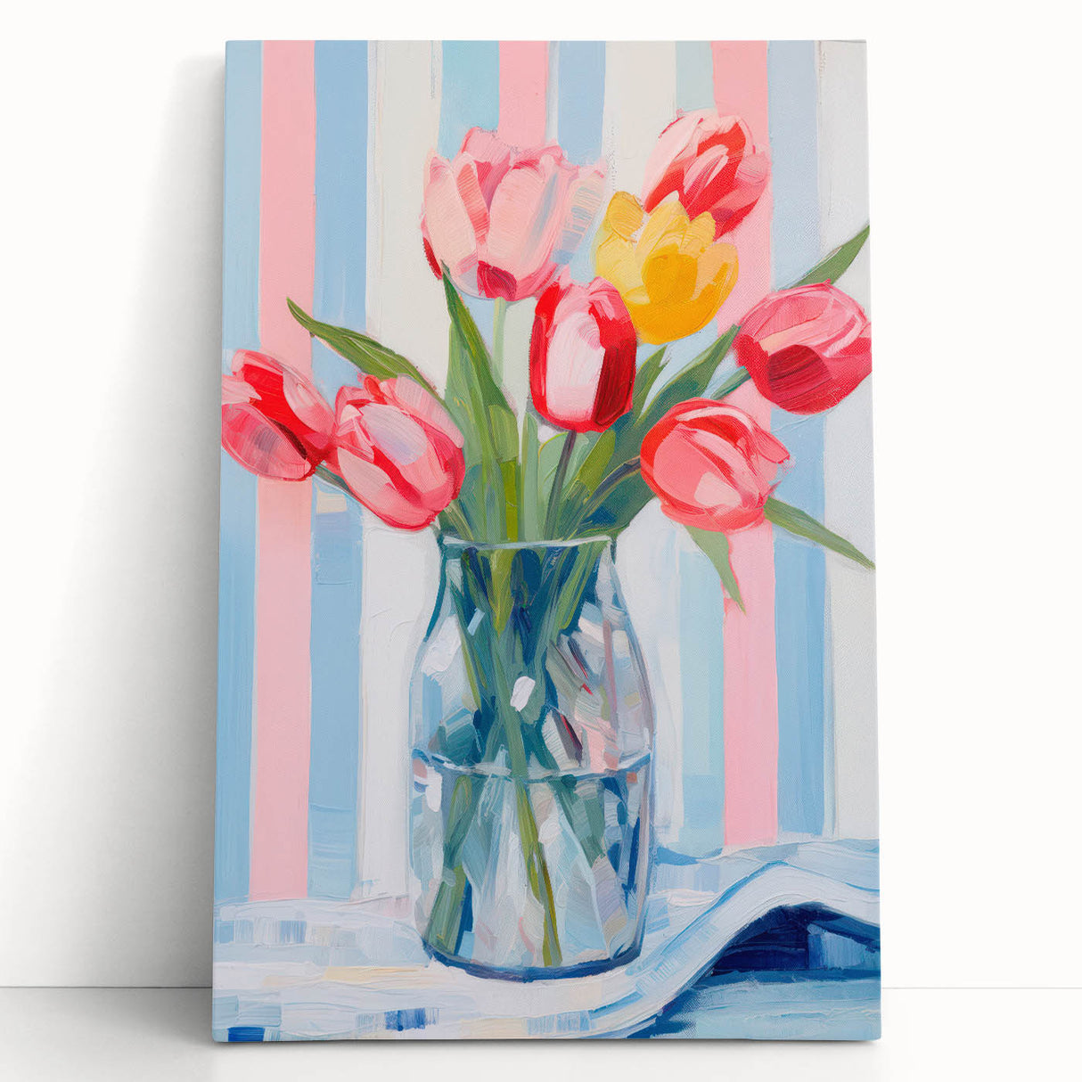 Maximalist Floral Wall Art with Vibrant Tulips and Colorful Striped Design