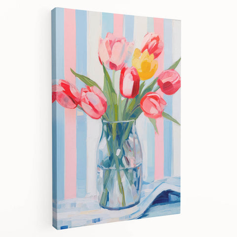 Maximalist Floral Wall Art with Vibrant Tulips and Colorful Striped Design