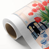 Maximalist Floral Still Life Wall Art with Red Tulips and Tea Setting