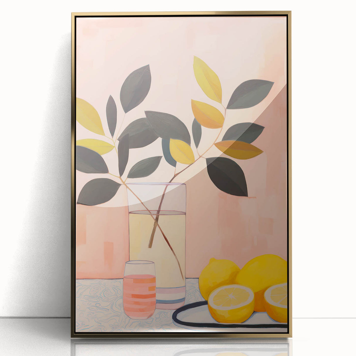Maximalist Still Life Wall Art with Bold Leaves, Lemons, and Pastel Pink