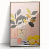 Maximalist Still Life Wall Art with Bold Leaves, Lemons, and Pastel Pink
