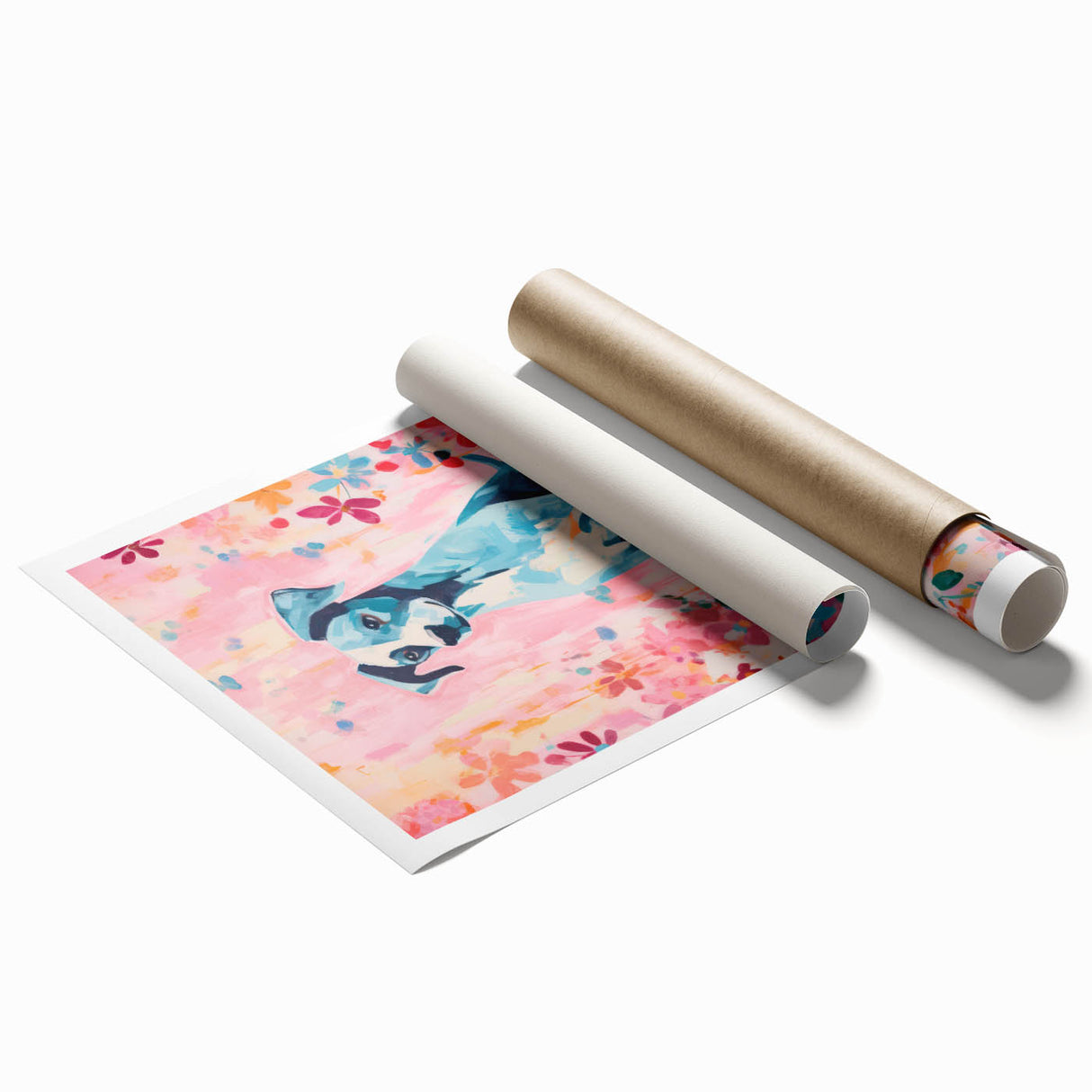 Maximalist Wall Art - Bold Dog Portrait with Floral Pink Background