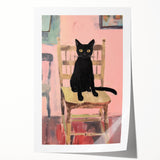 Maximalist Wall Art - Bold Black Cat on Chair with Pink Background