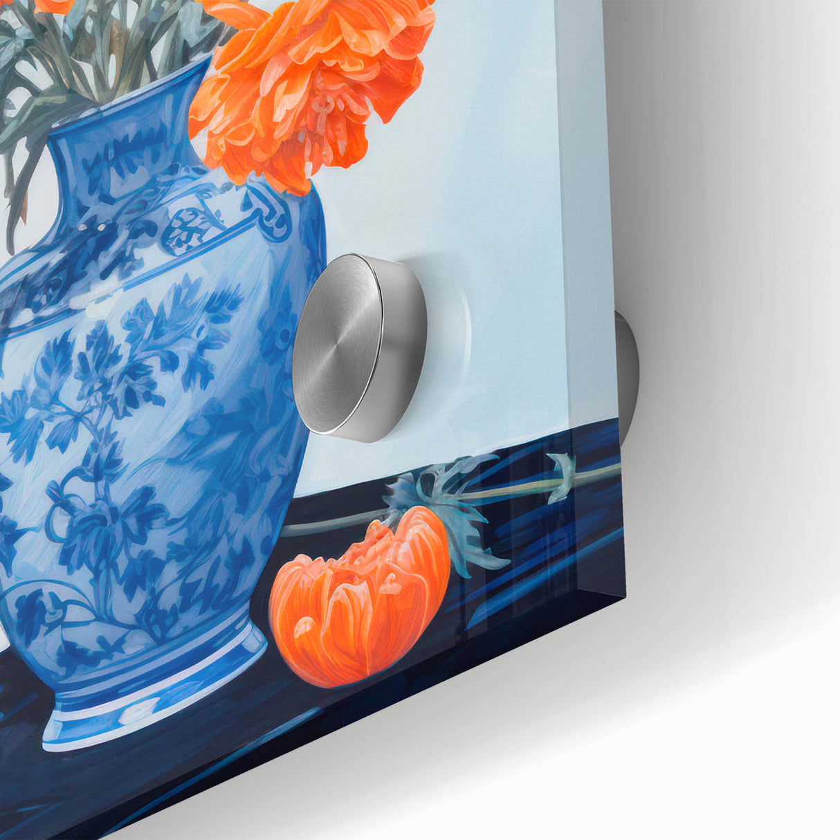 Maximalist Wall Art - Bold Floral Arrangement in Blue and Orange Vase