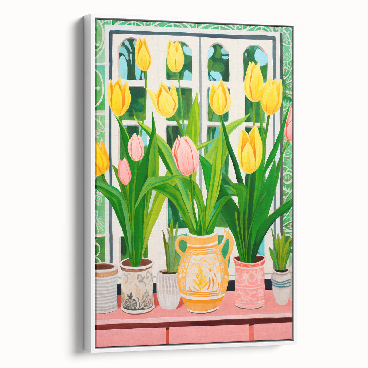 Maximalist Wall Art - Bold Tulip Garden with Vases and Vibrant Greenery