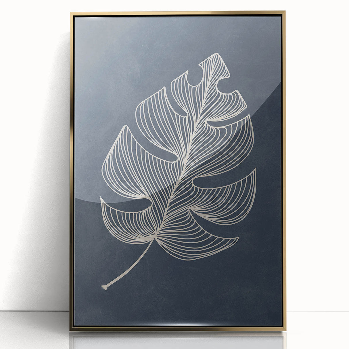 Mid Century Modern Art - Minimalist Geometric Leaf Decor on Dark Blue