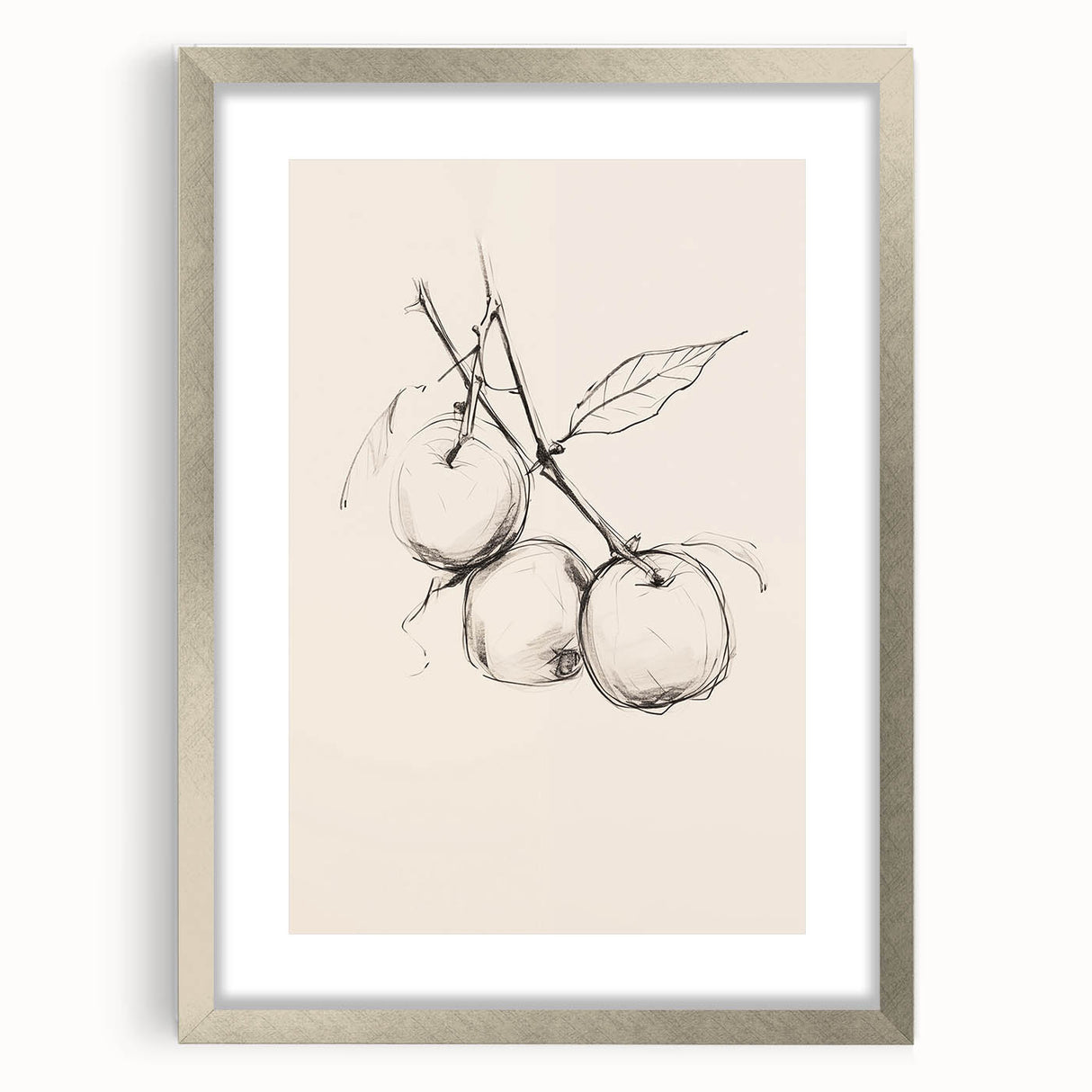 Minimalist Botanical Line Art: Sketch of Apples on Branch in Neutral Tones