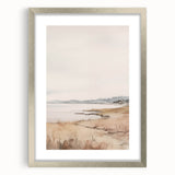 Minimalist Landscape Art: Tranquil Coastal Scene in Neutral Tones