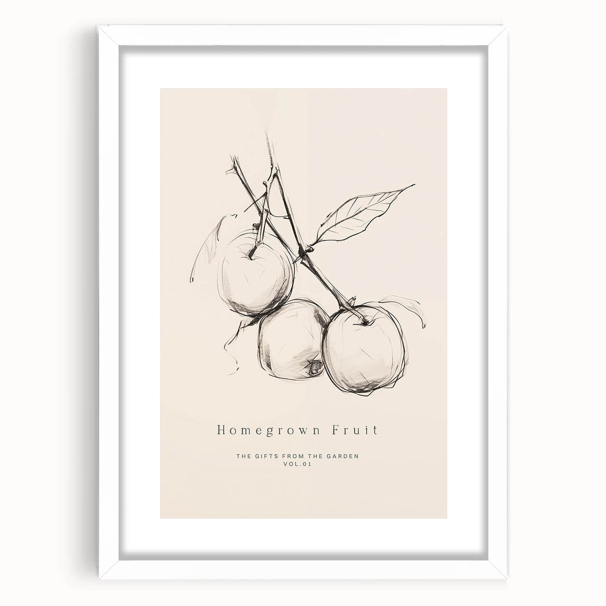 Minimalist Botanical Art: "Homegrown Fruit" Apple Branch Sketch in Neutral Tones