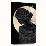 Minimalist Silhouette Art – Woman in Moonlight with Flowing Lines