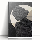 Minimalist Silhouette Art – Woman in Moonlight with Flowing Lines