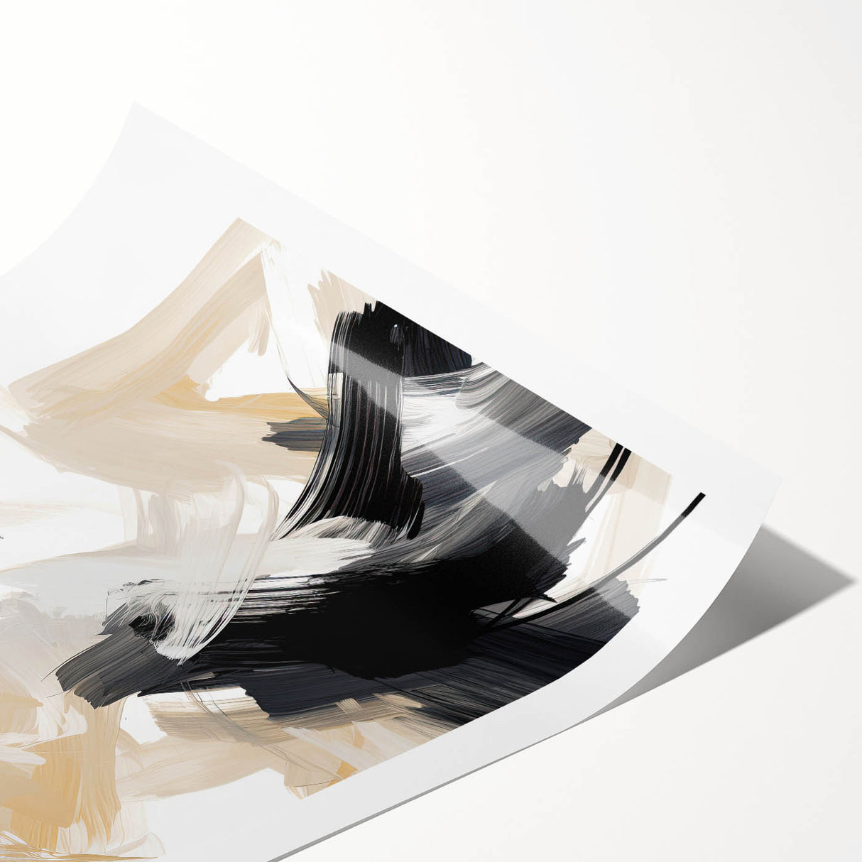 Abstract Minimalist Wall Art – Dynamic Beige and Black Brushstroke Design