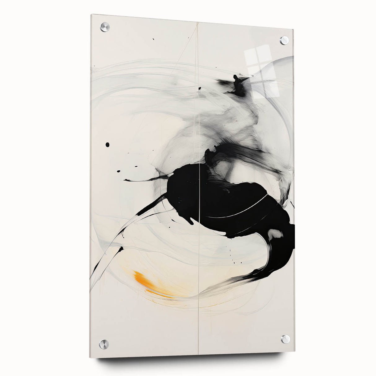 Minimalist Abstract Art - Black and White Brushstroke with Yellow Accent