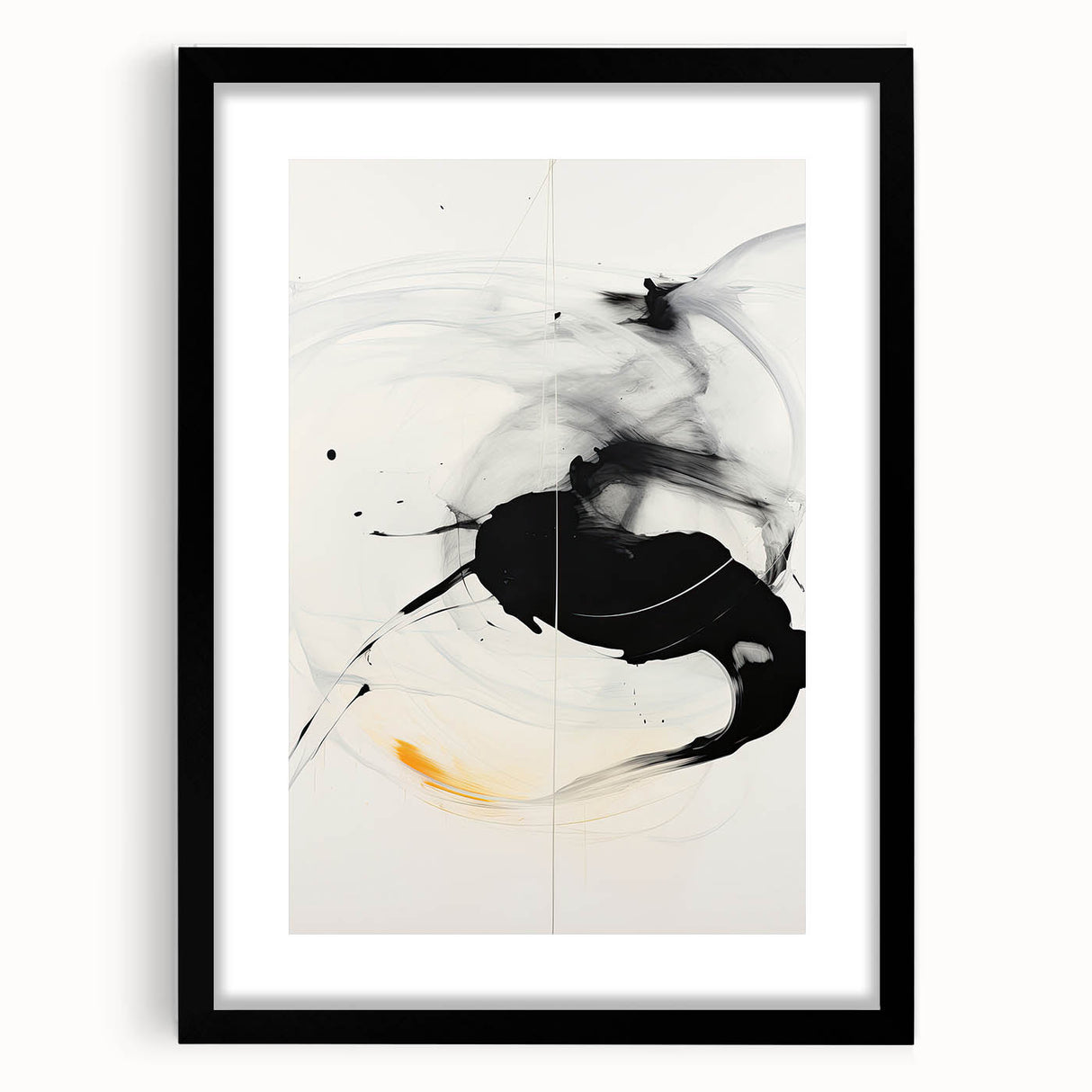 Minimalist Abstract Art - Black and White Brushstroke with Yellow Accent