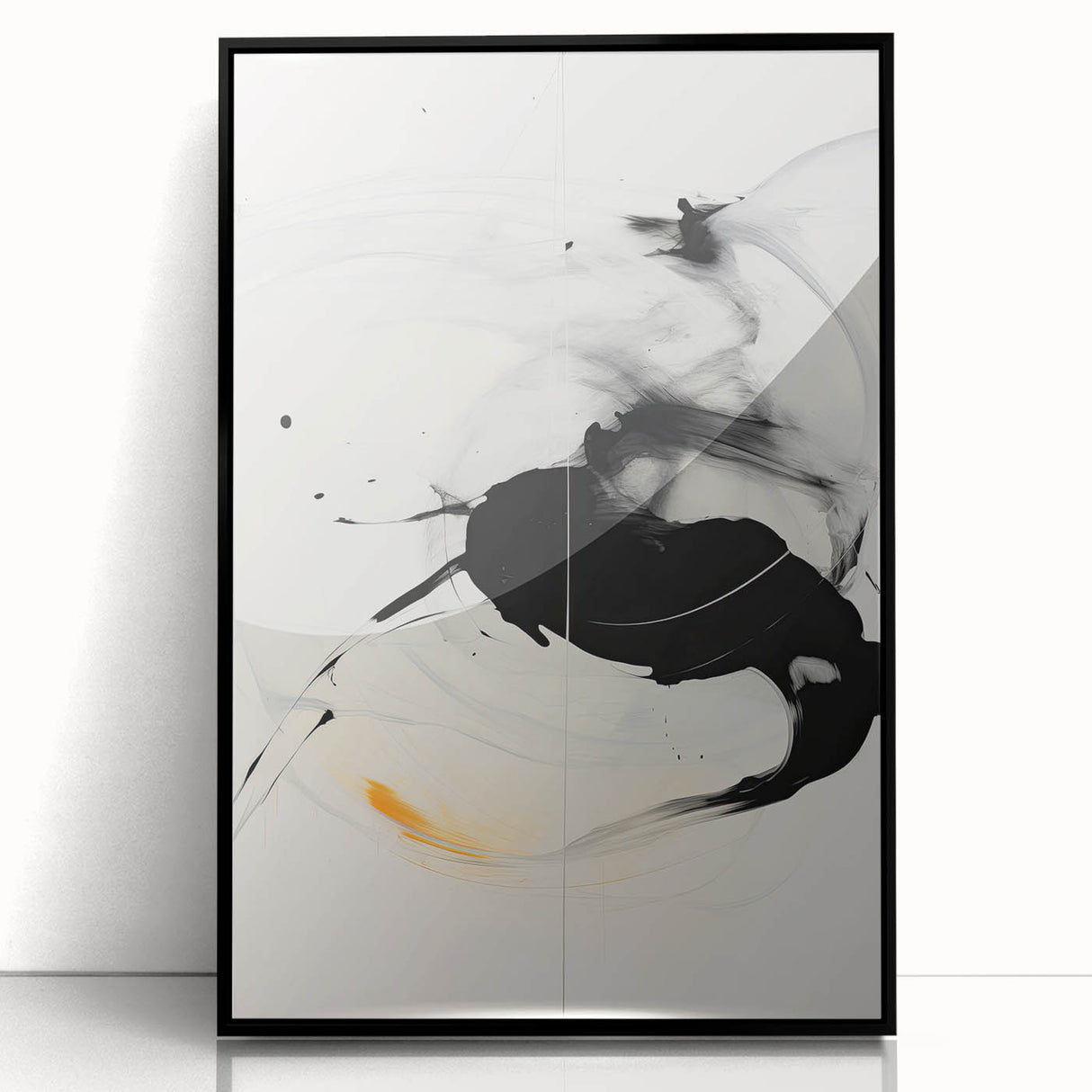 Minimalist Abstract Art - Black and White Brushstroke with Yellow Accent