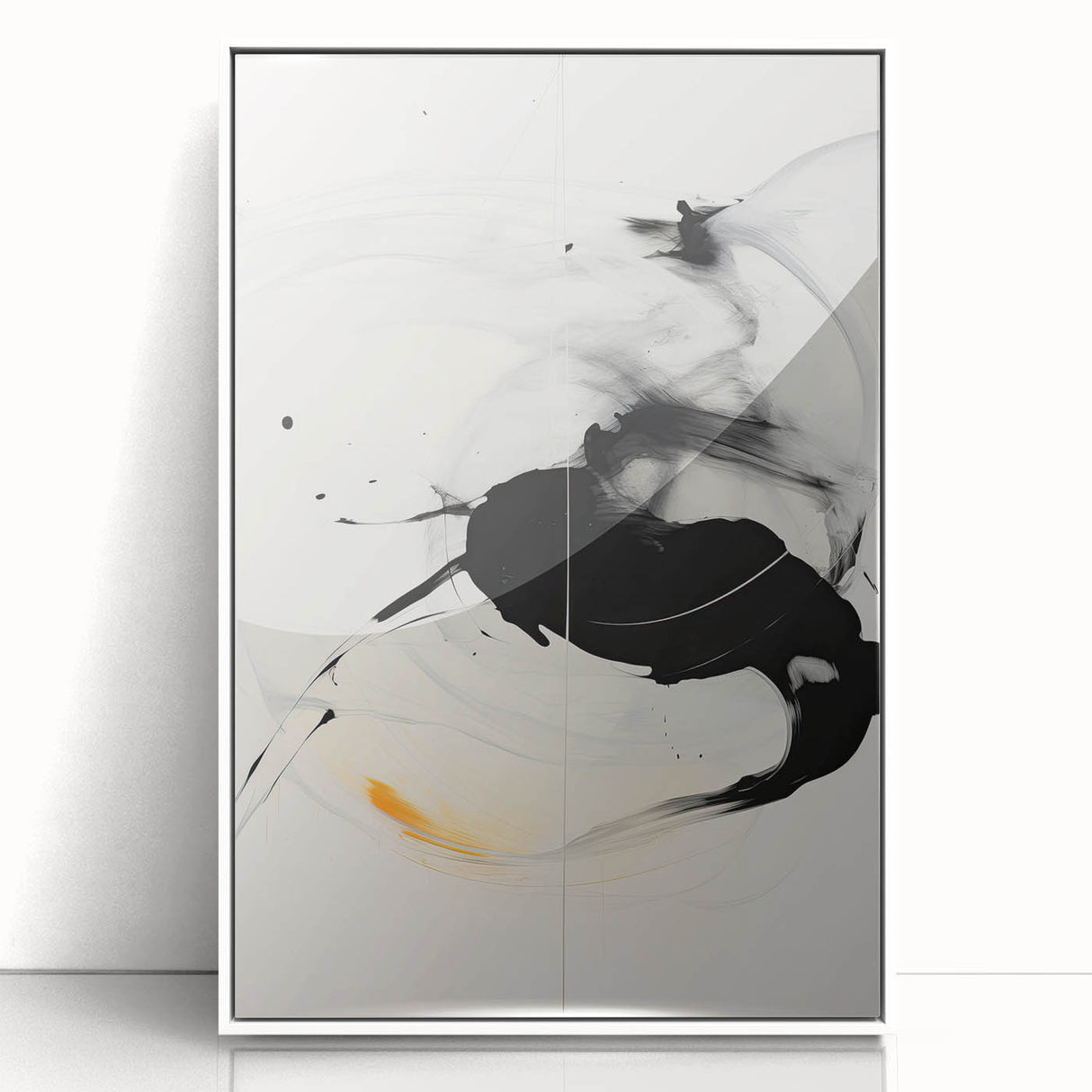 Minimalist Abstract Art - Black and White Brushstroke with Yellow Accent