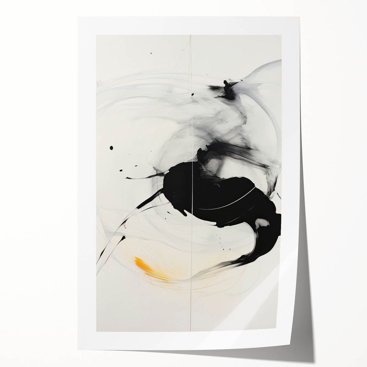 Minimalist Abstract Art - Black and White Brushstroke with Yellow Accent
