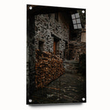 Rustic Stone Building with Firewood Wall Art – Farmhouse Decor Charm