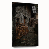 Rustic Stone Building with Firewood Wall Art – Farmhouse Decor Charm