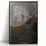 Rustic Stone Building with Firewood Wall Art – Farmhouse Decor Charm
