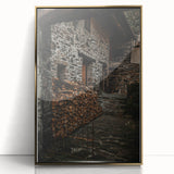 Rustic Stone Building with Firewood Wall Art – Farmhouse Decor Charm