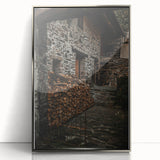 Rustic Stone Building with Firewood Wall Art – Farmhouse Decor Charm