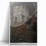 Rustic Stone Building with Firewood Wall Art – Farmhouse Decor Charm