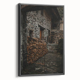 Rustic Stone Building with Firewood Wall Art – Farmhouse Decor Charm