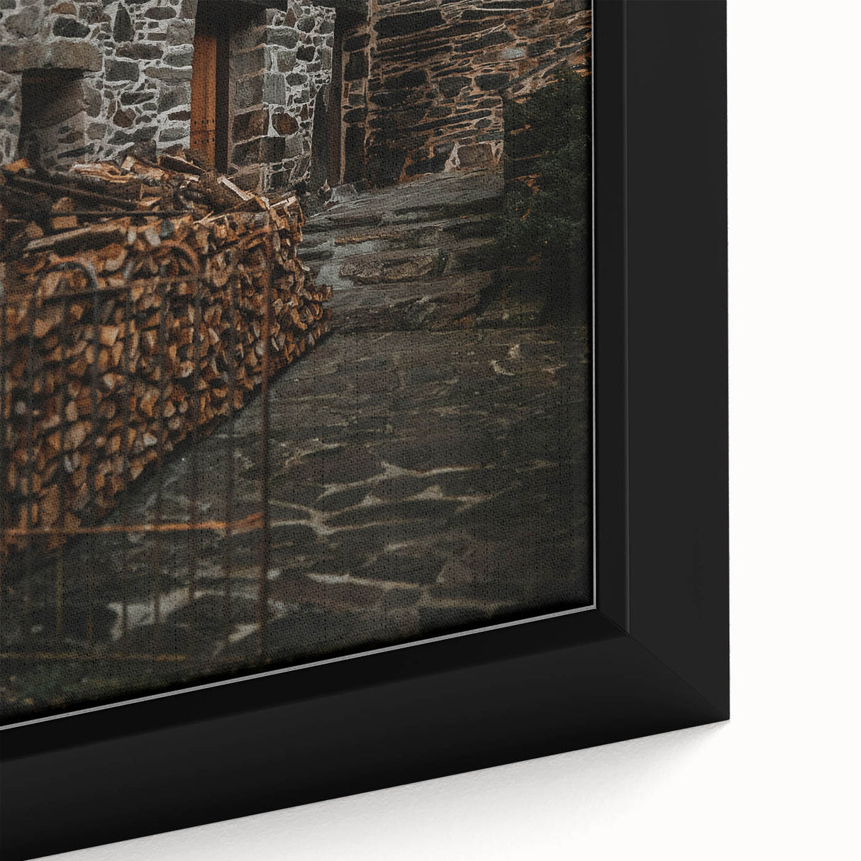 Rustic Stone Building with Firewood Wall Art – Farmhouse Decor Charm