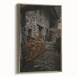 Rustic Stone Building with Firewood Wall Art – Farmhouse Decor Charm