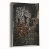 Rustic Stone Building with Firewood Wall Art – Farmhouse Decor Charm